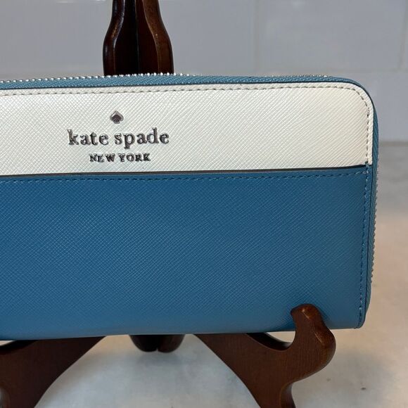 Kate Spade Wallet Leather Staci Blue White Colorblock Full Zip Continental - Picture 3 of 16